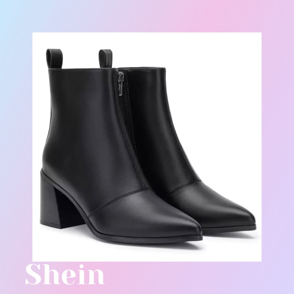 SHEIN Black Pointed Toe Block Heel Ankle Boots